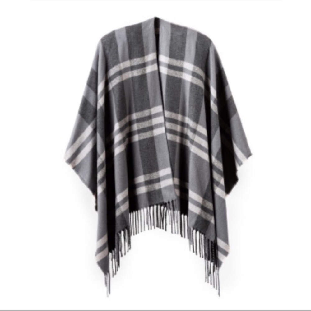 🌀 Siizu Gray Plaid Poncho Wrap Scarf